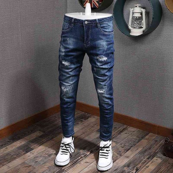 

men's jeans ly designer fashion men elastic slim fit casual ripped denim pants hombre retro dark blue streetwear hip hop trousers