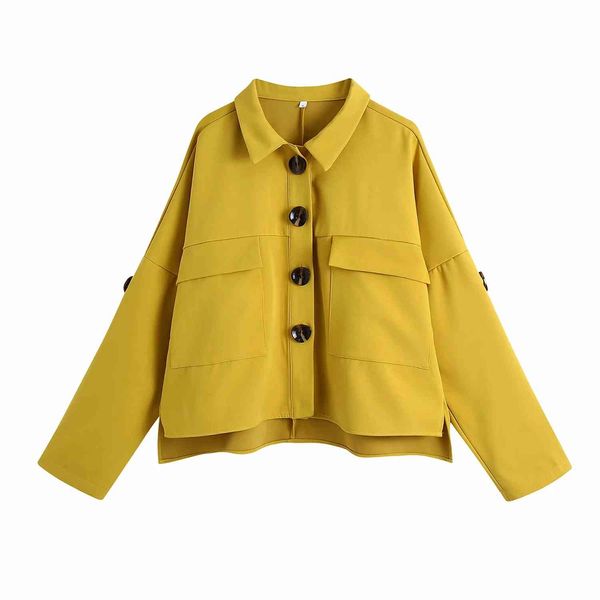 Kadın Moda Sarı Ceket Kaban ZA Bahar Yama Tek Göğüslü Bağbozumu Button-Up Rahat Cepler Bluz Chic Bayan Tops 210521