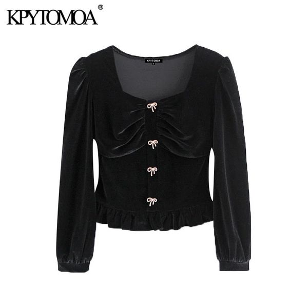 

women fashion with buttons cropped velvet blouses vintage long sleeve ruffle female shirts blusas chic 210416, White