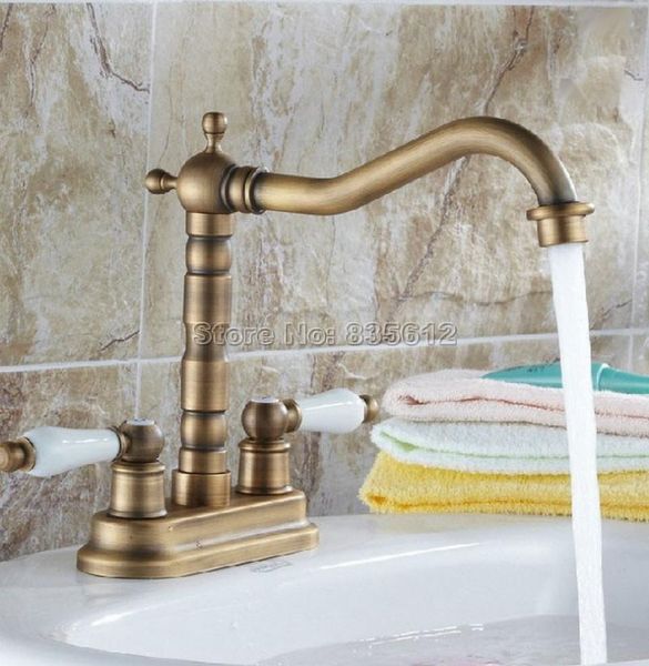 

bathroom sink faucets retro antique brass swivel spout kitchen faucet / dual handles basin mixer tap deck mount two hole wnf259