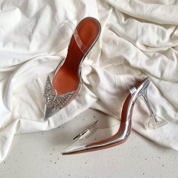 

women summer pvc sandals shoes butterfly crystal decor pointed toe high heels female slippers lady slip on casual jelly dress, Black