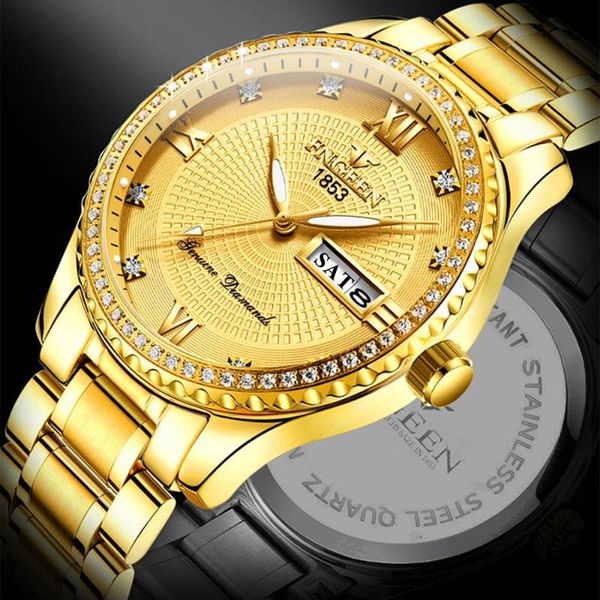 

wristwatches 2021 diamond quartz wrist watch all gold steel waterproof -watch erkek kol saati dual calendar men, Slivery;brown