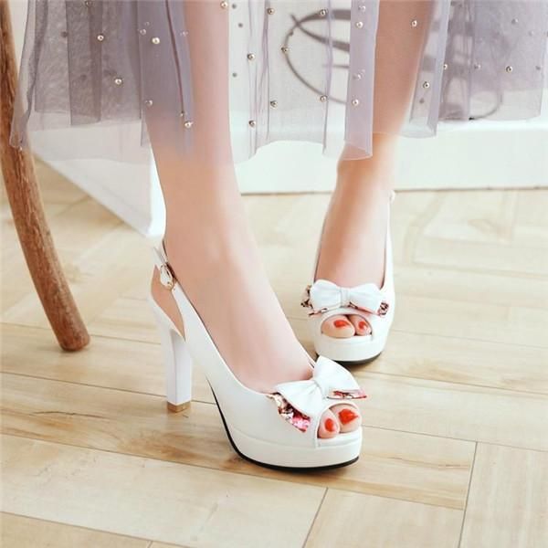 

cm sweet pink white high heels shoes butterfly-knot large size 8.5 women sandals, Black