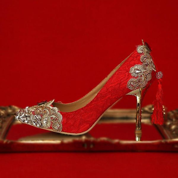 

dress shoes women wedding red high heels crystal bridal pumps gold stiletto metal lace tassel ladies party footwear, Black