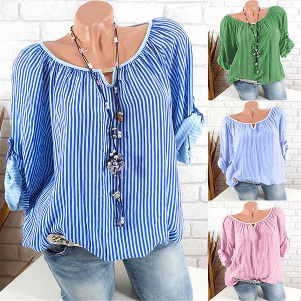 

women's t-shirt loose stripe medium long sleeve qewu, White