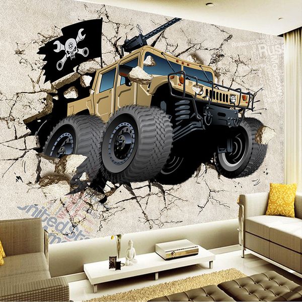 Modern Creative off-road veículo quebrado Fotomural Wallpaper 3d estéreo desenhos animados pano de fundo Decoração de casa pintura de parede para o quarto do garoto