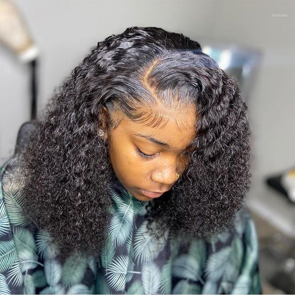 

13x4 short bob wig 150% kinky curly lace front human hair wigs remy pre-plucked natural color for black women1, Black;brown