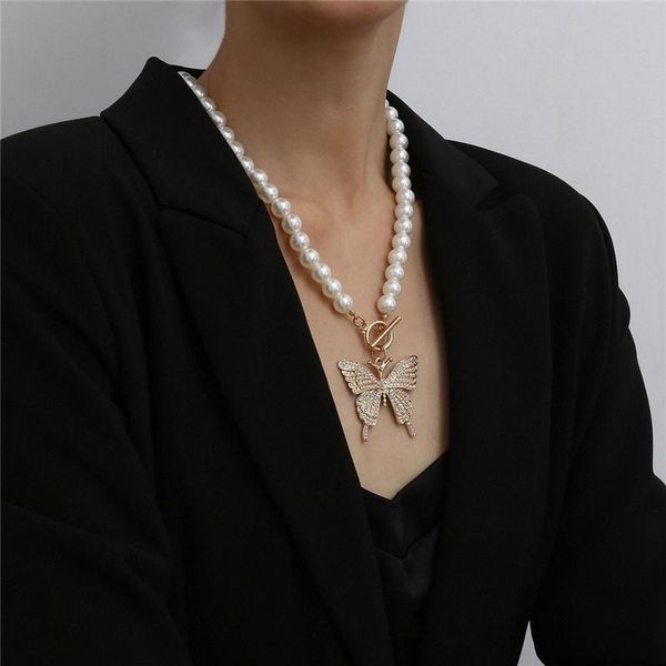 

pendant necklaces luxury rhinestone butterfly necklace baroque simulated pearl chain chunky choker womens collier jewelry, Silver
