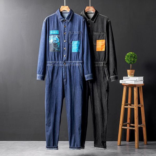 

men's tracksuits denim jumpsuit overalls men long sleeve hip print mens fashion clothing trends jeans streetwear male black blue romper, Gray