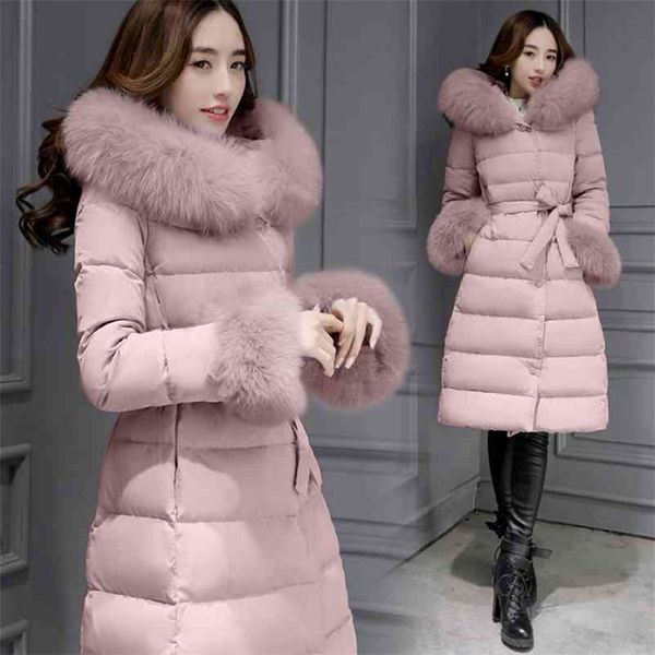 

winter women elegant fur collar thick warm parkas female sashes white duck down coats lady solid a-line outerwears 210517, Black