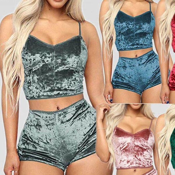 

2pcs velvet pajamas set women sleepwear spaghetti strap shorts summer ladies v neck solid nightwear pijama mujer, Black;red