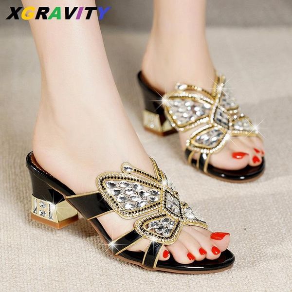 

dress shoes xgravity design summer butterfly crystal high heels ladies fashion party open toe slip on slides women d040, Black