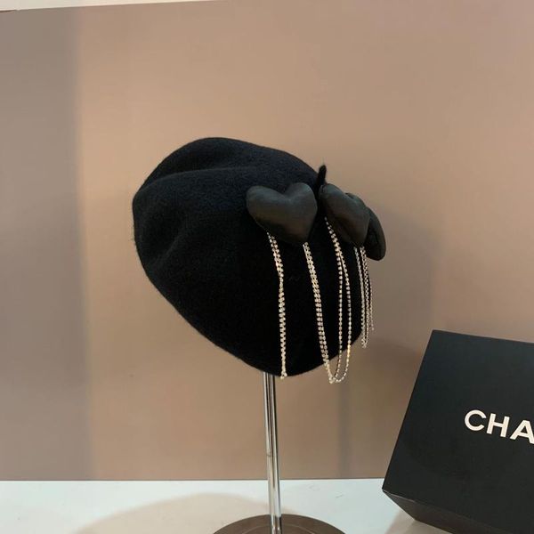 

berets love hanging chain wool beret ladies all-match elegant painter hat autumn and winter fashionable street shooting retro pumpkin h, Blue;gray