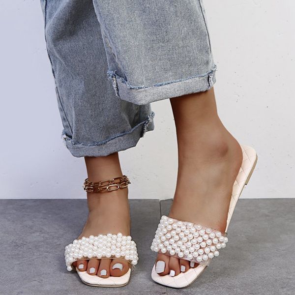 

woman designer pearl sandals summer women ladies& flat slippers with open toe solid color pearls for casual beach shoes flip flo, Black