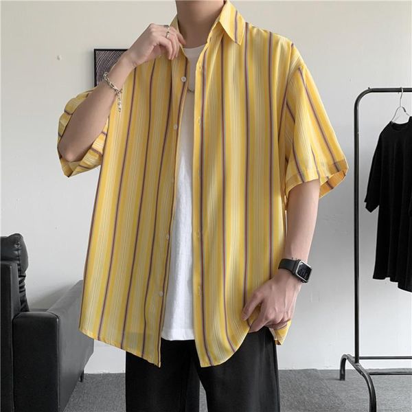 

men's casual shirts summer hawaiian men short sleeve striped button up shirt streetwear vacation blouse tee, White;black