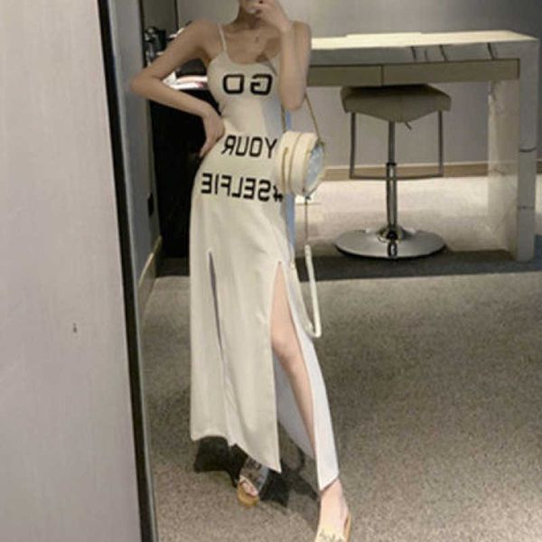 

womengaga slim print letter summer korean split tank straps long strap maxi dres's dresses dm88 210603, Black;gray