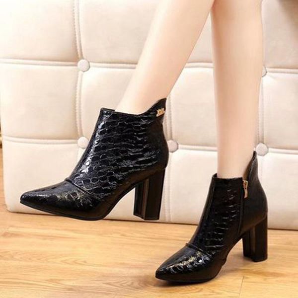 

boots boot woman 2021 autumn ankle high heel thick pointed patent leather web celebrity women's shoes, Black