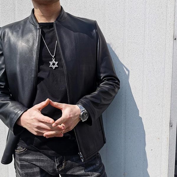 

light sheepskin leather clothes slim korean fashion trend handsome collar coat men's wear & faux, Black