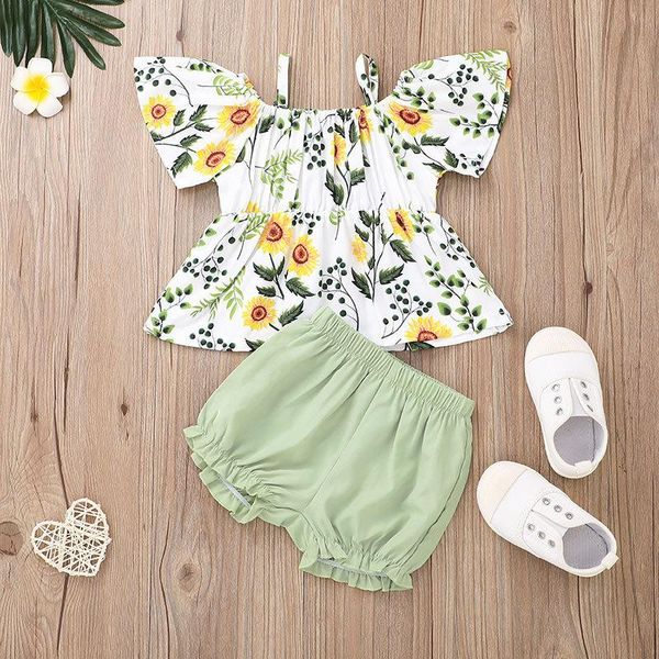 

clothing sets children's suit 2021 summer printed two-piece girl's clothes baby sling shorts born 0-3 mother soft short sleeve, White
