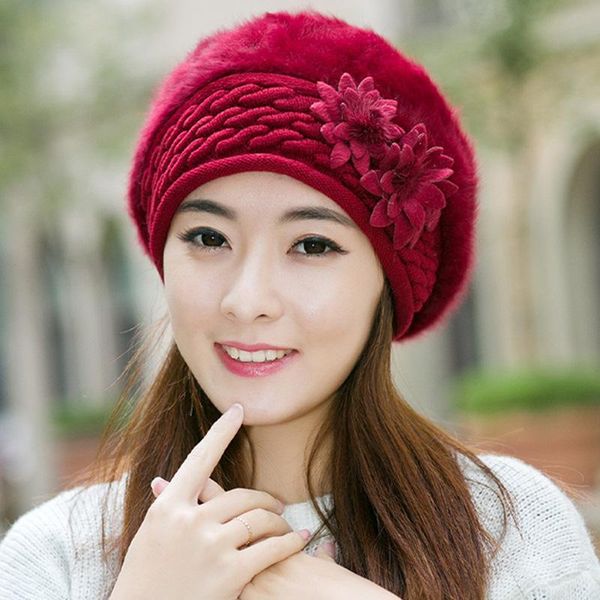 

beanie/skull caps fashion ladies flower fur hat solid color beret winter warm knitted wool autumn and, Blue;gray