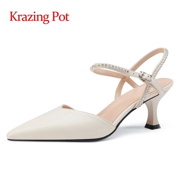 

krazing pot large size genuine leather pointed toe high heels shallow diamond shiny gentlewomen buckle straps women pumps l6f5 dress shoes, Black