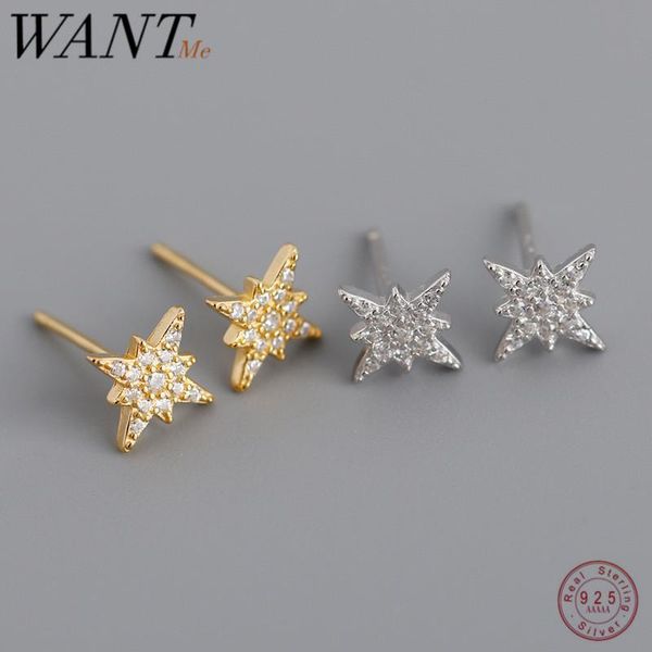 

stud wantme genuine 925 sterling silver stylish octagonal glitter star earrings for women pave cz party jewelry accessory gift, Golden;silver