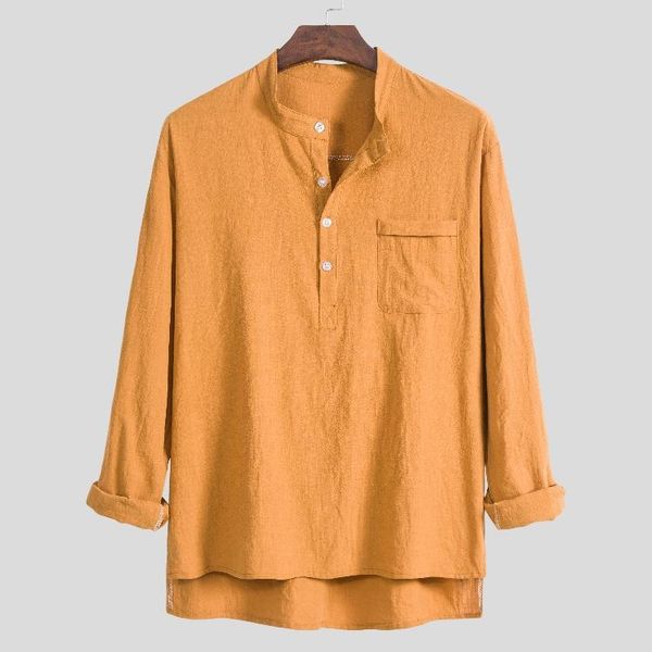 

loldeal chinese style long-sleeved t-shirt with stand-up collar solid color linen soft pullover men's t-shirts, White;black