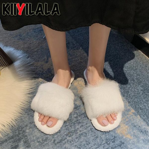 

kiiyilala 2021 slippers women real fur warm home plush soft indoors anti-slip winter floor bedroom shoes, Black