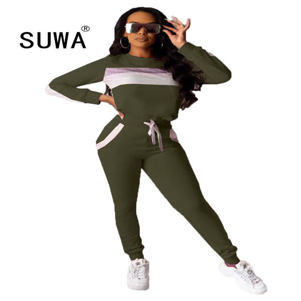 

high street fashion tracksuit women two piece set long sleeve pullover + empire trousers sport fitness wear 210525, White
