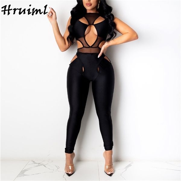 Queda Roupas Para As Mulheres Moda Sexy Bodysuit Jumpsuit Feminino Sem Mangas Oco Out Romper Preto Playsuit Party Clubwear 210513