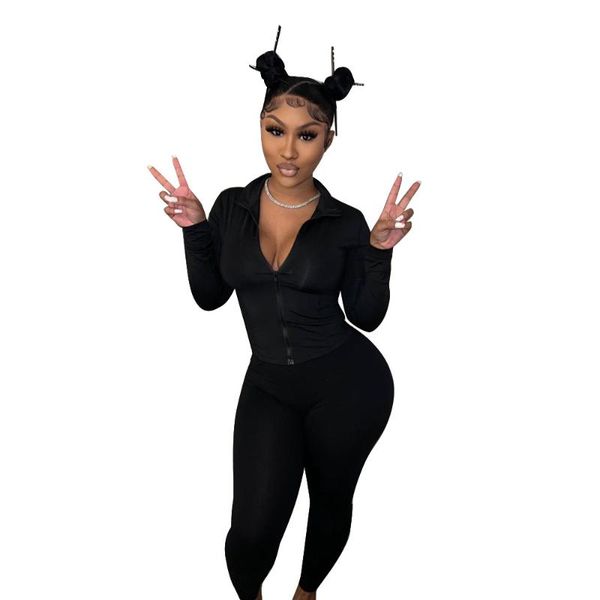 

women's two piece pants ladies solid color fashion slim zipper lapel decoration long-sleeved shirt suit pencil suitable for fitness spo, White