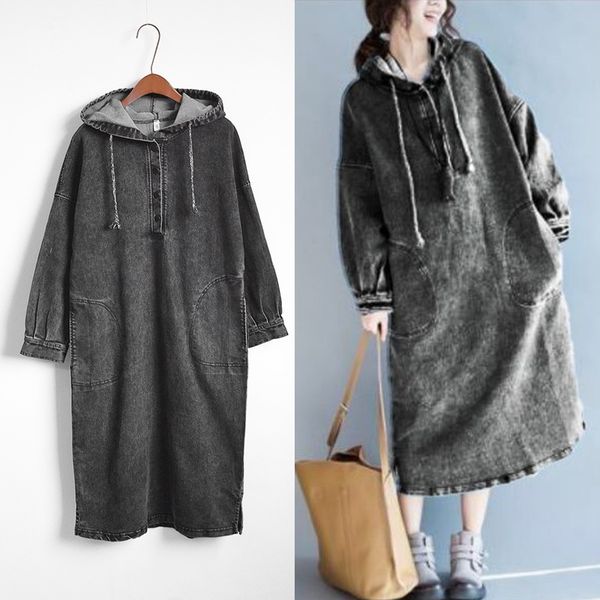 

hooded autumn 2019 loose korean style large size windbreaker long sleeve medium length denim dress, White;black