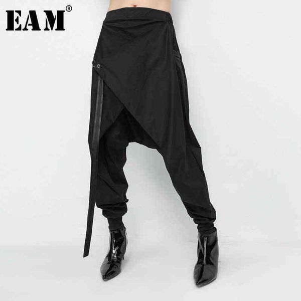 

[eam] spring black loose elastic waist lace up spliced personality casual harem pants fashion women's la982 211124, Black;white