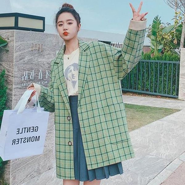 

[ewq] 2021 spring female elegante casual notched collar long-sleeved single button panelled green plaid blazer coat 8p072, White;black
