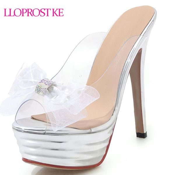 

lloprost ke fashion super high heel party shoes summer lady platform transparent clear slides butterfly-knot stiletto sandals, Black