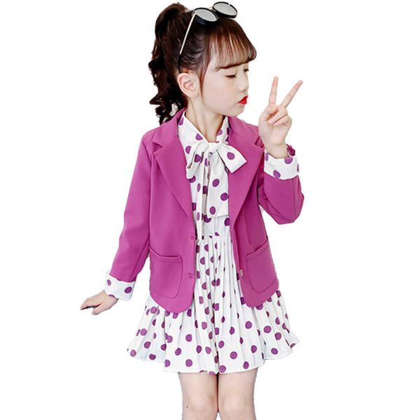

girls clothes set jacket + dot dress girl clothes casual style girl outfit autumn winter kids suit set p0831, White