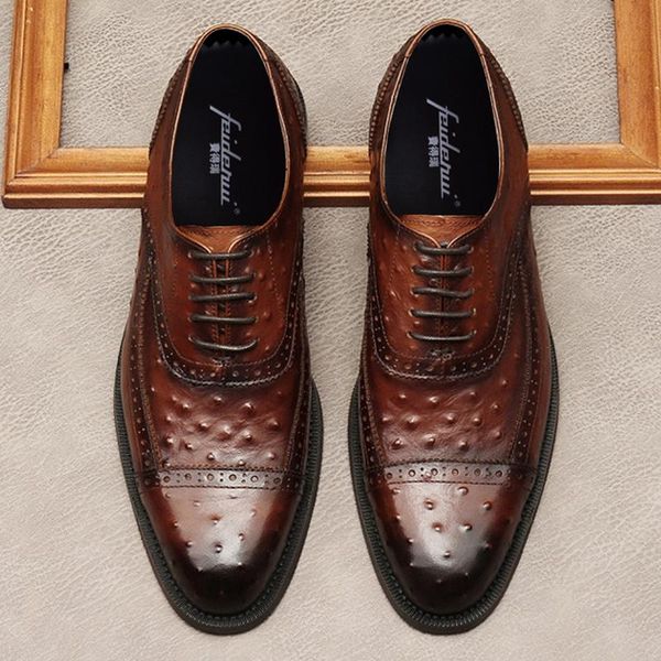 

dress shoes elegant pointed toe laces man semi brogues genuine leather ostrich pattern oxfords retro men's banquet party flats mde231, Black