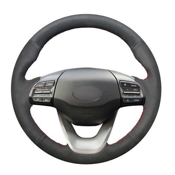 

steering wheel covers black suede hand-stitched soft no-slip car cover for kona 2021