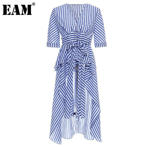 

[eam] women white irregular belt striped dress round neck half sleeve loose fit fashion tide spring summer 2021 1dd2354 casual dresses, Black;gray