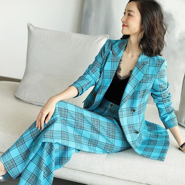 

autumn spring women's candy color pants suits plaid blazer loose set laides elegant party workwear ns299 two piece, White
