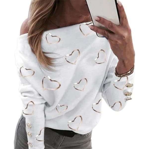 

women blouse off shoulder gold stamping star/heart print cotton blend long sleeve t-shirt ladies elegant work pullover women's, White