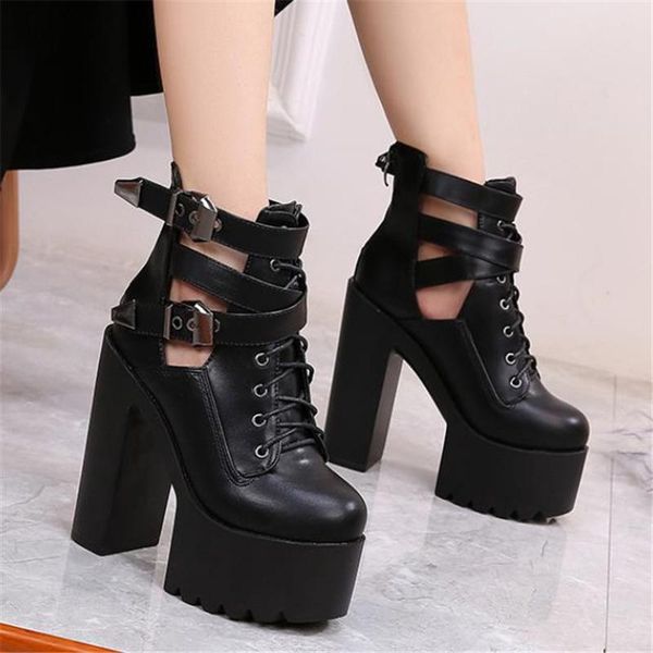

boots spring fashion women ankle 15 cm high heels shoes ladies platform summer party club belt lace up, Black