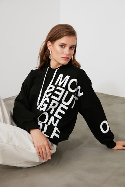 

women's hoodies & sweatshirts trendyol front and back printed oversize knitted sweatshirt twoaw21sw0774, Black