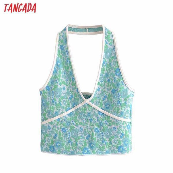 

tangada women floral jaquard halter tanks sleeveless backless female cropped knit 3h535 210609, White