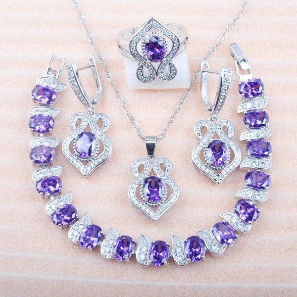 

earrings & necklace 2021 wedding jewelry sets russian style purple crystal ring pendant bracelet set dubai jewellery mn0801, Silver