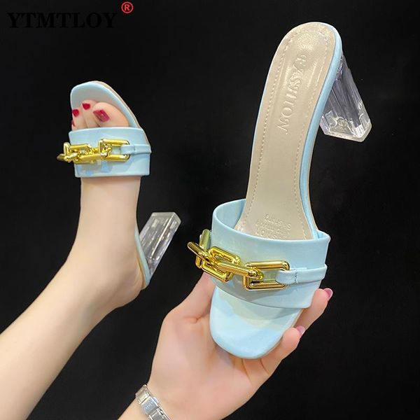 

slippers summer transparent crystal thick heel metal chain women's shallow open toe square high heels gladiator sandals, Black