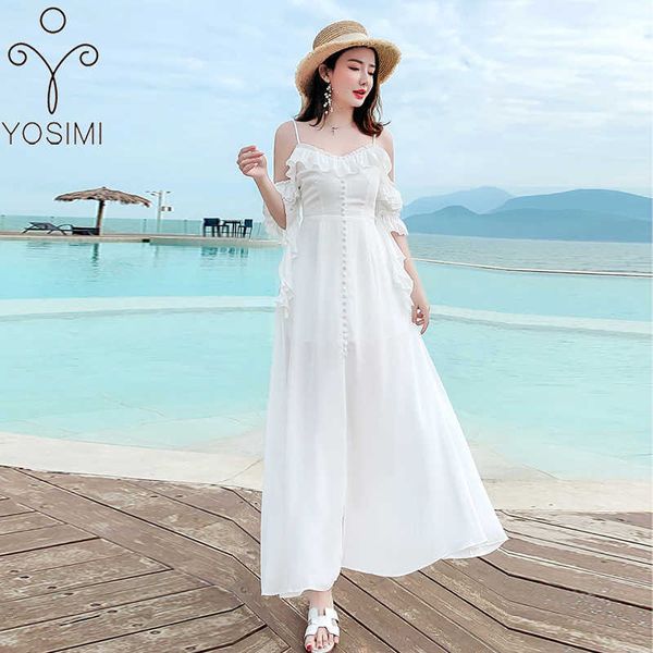 YOSIMI Abito lungo in chiffon bianco da donna Estate sexy Slash Neck con spalle scoperte Manica corta Split Bohemian Beach 210604