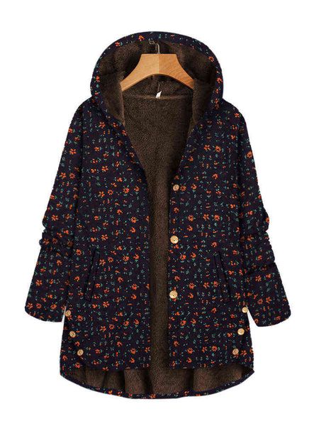 

women coat autumn and winter women's jacket thick casual loose printing single-breasted irregular hooded coat en* 211118, Black