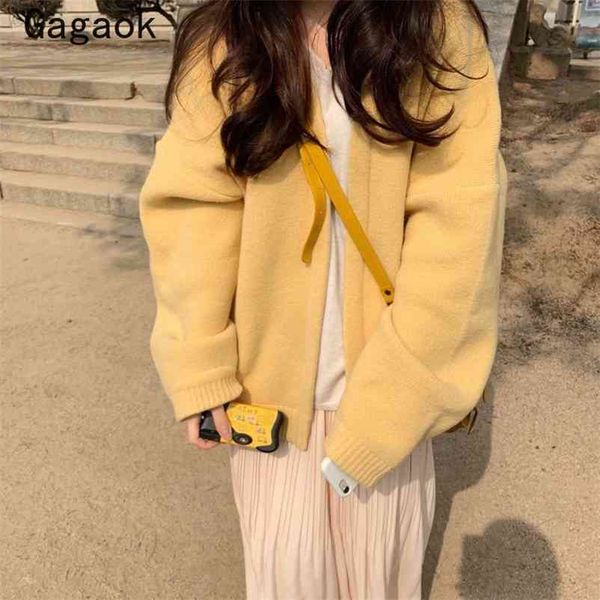 

women fashion streetwear knit sweater spring autumn solid v-neck full open stitch loose simple wild cardigan 210531, White