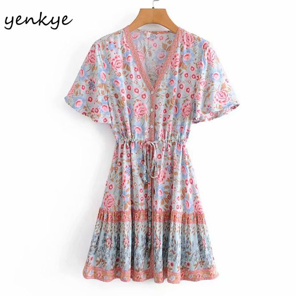 

casual holiday summer dress women floral print boho female drawstring waist a-line v neck short sleeve vestido 210430, Black;gray